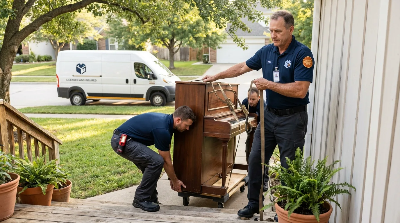 Licensed piano movers securing grand piano in Avon, OH