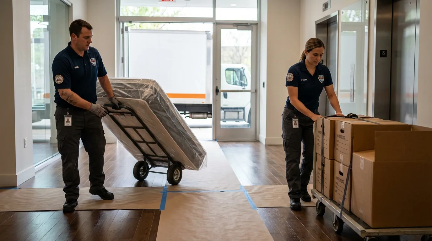 Professional apartment movers loading elevator in Avon, OH